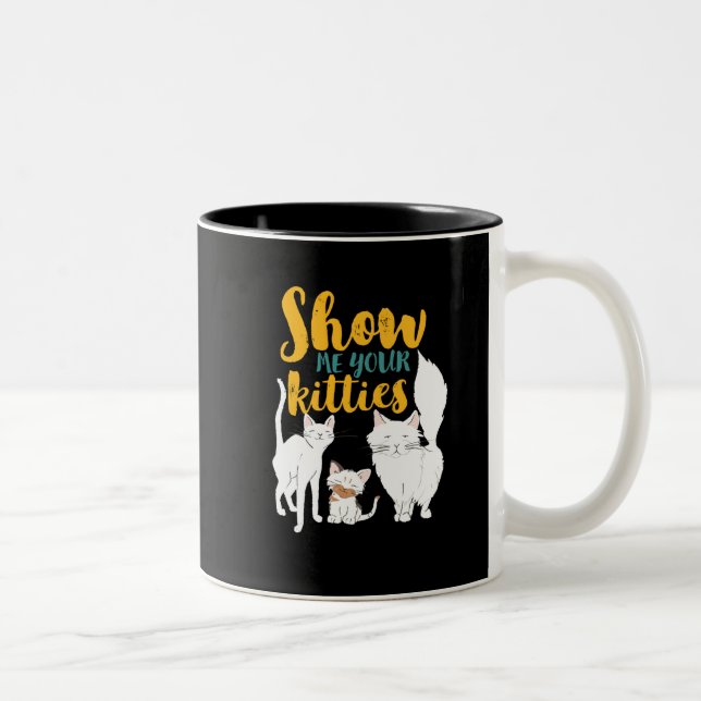 Funny Cat Lover Humour Show Me Your Kitties Two-Tone Coffee Mug (Right)