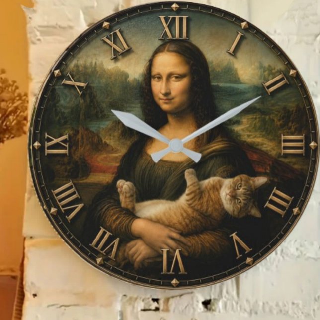 Funny Cat Lover Mona Lisa Cute Ginger Cat Renaissa Large Clock (Creator Uploaded)