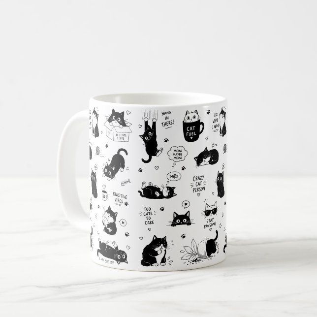 Funny Cat Lover Mug Cute Black & White Pattern (Front Left)