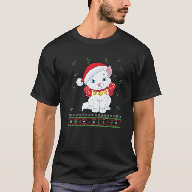 Funny Cat lovers Cute Cat Santa Hat Ugly Christmas T-Shirt (Front)