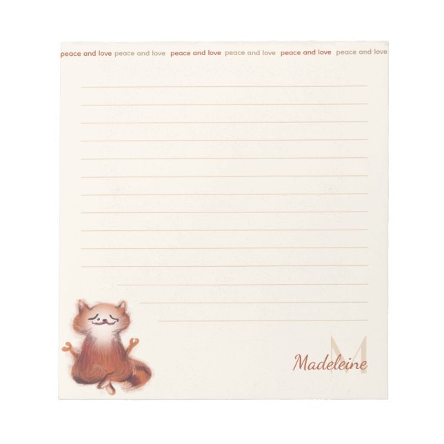 Funny Cat Meditation Peace Love Cute Monogram Name Notepad (Front)