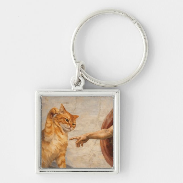 Funny Cat Meme Art Creation of Adam with Cat Sarca Key Ring (Front)