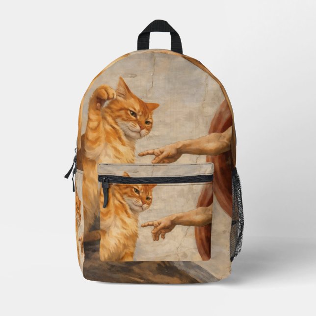 Funny Cat Meme Art Creation of Adam with Cat Sarca Printed Backpack (Front)