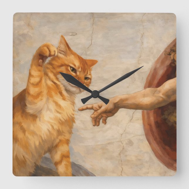 Funny Cat Meme Art Creation of Adam with Cat Sarca Square Wall Clock (Front)