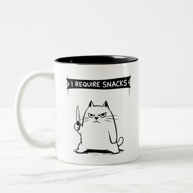 Funny Cat Meme I Require Snacks  Two-Tone Coffee Mug (Left)