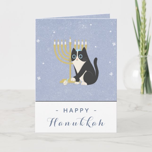Funny Cat Menorah & Dreidel Happy Hanukkah Blue Card (Front)