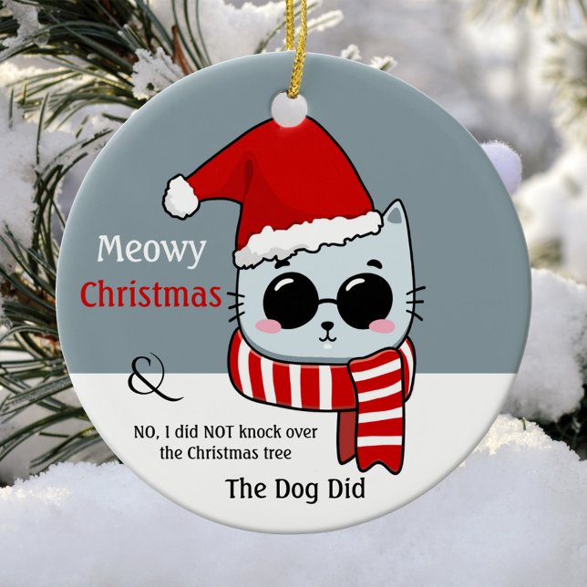 Funny Cat Meowy Christmas Ceramic Tree Decoration (Christmas ornament showing a cat in Christmas outfit with sunglasses and your (funny or other) texts)