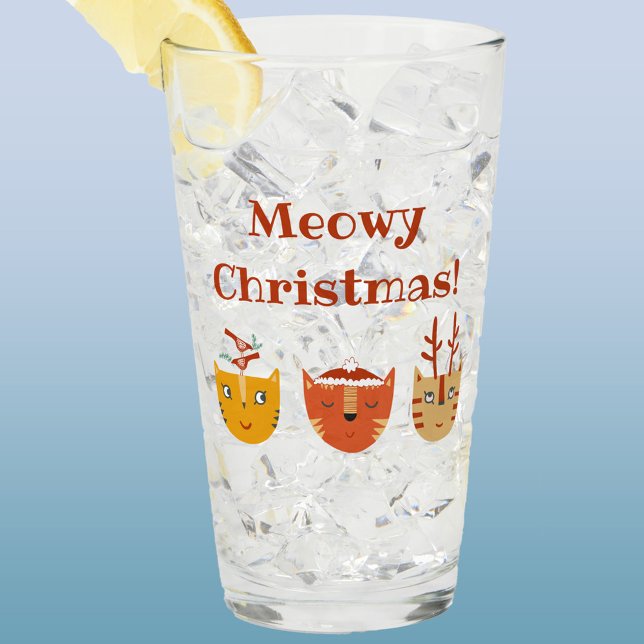 Funny Cat Meowy Christmas Glass (Fun cat Meowy Christmas custom text glass tumbler)