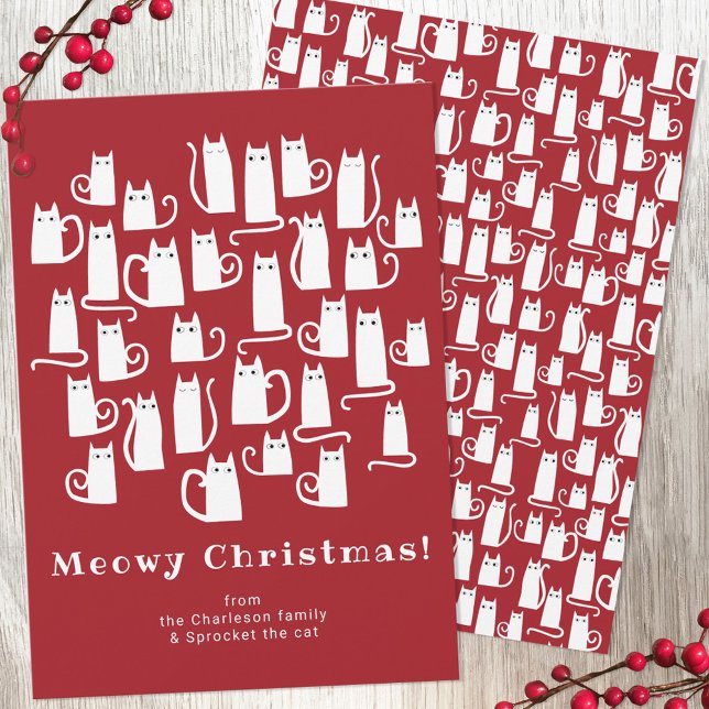 Funny Cat Meowy Christmas Holiday Card (Red and white cat fun holiday card)