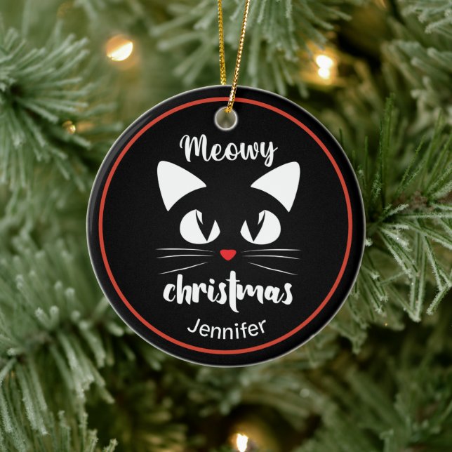 Funny Cat Meowy Christmas Personalised Ceramic Tree Decoration (Tree)
