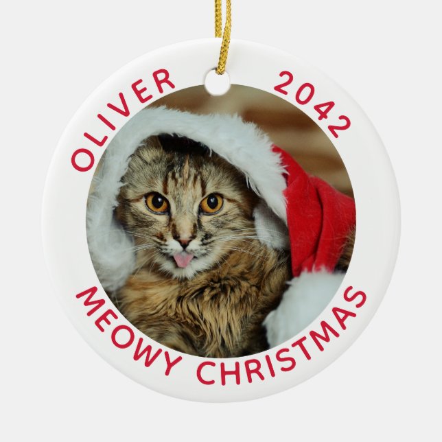 Funny Cat Meowy Christmas Photo Name Ceramic Tree Decoration (Front)