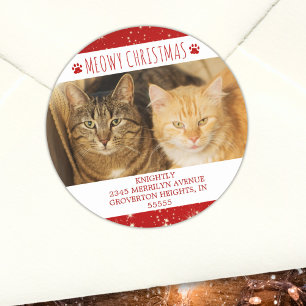Funny Cat MEOWY CHRISTMAS Photo Red Return Address Classic Round Sticker
