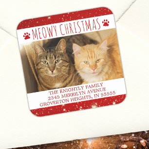 Funny Cat MEOWY CHRISTMAS Photo Red Return Address Square Sticker