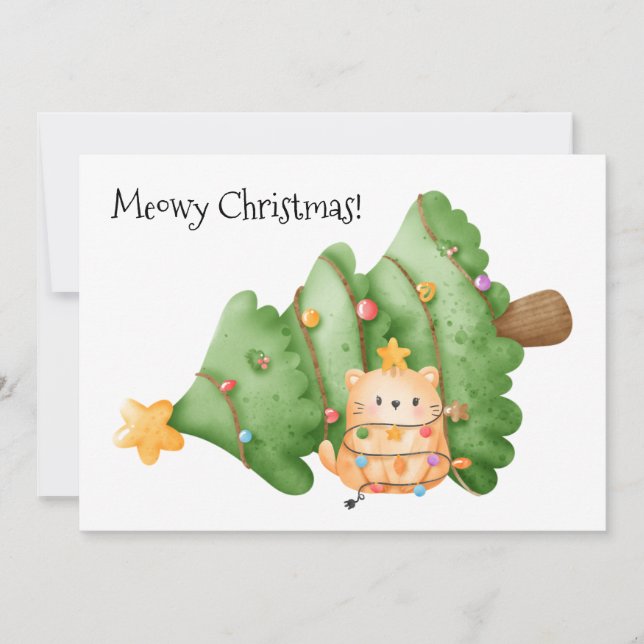 Funny Cat Meowy Christmas Tree Lights Watercolor Holiday Card (Front)