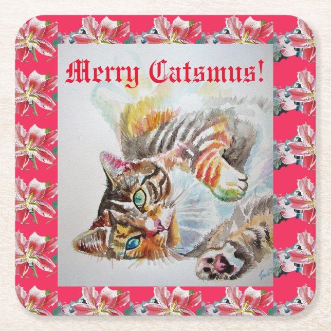 Funny Cat Merry cats Christmas Red Lily Coasters (Front)