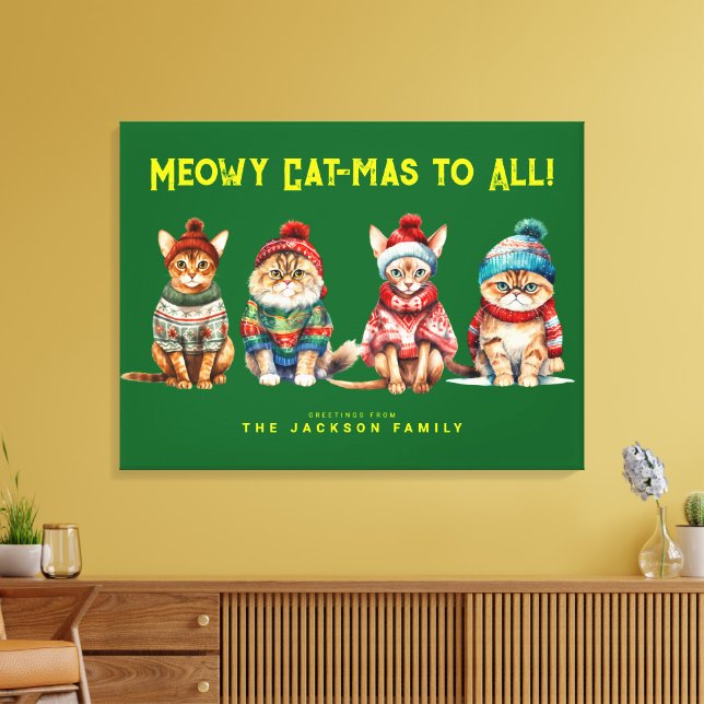 Funny Cat Merry Green Christmas Decor Greetings (Insitu(LivingRoom))