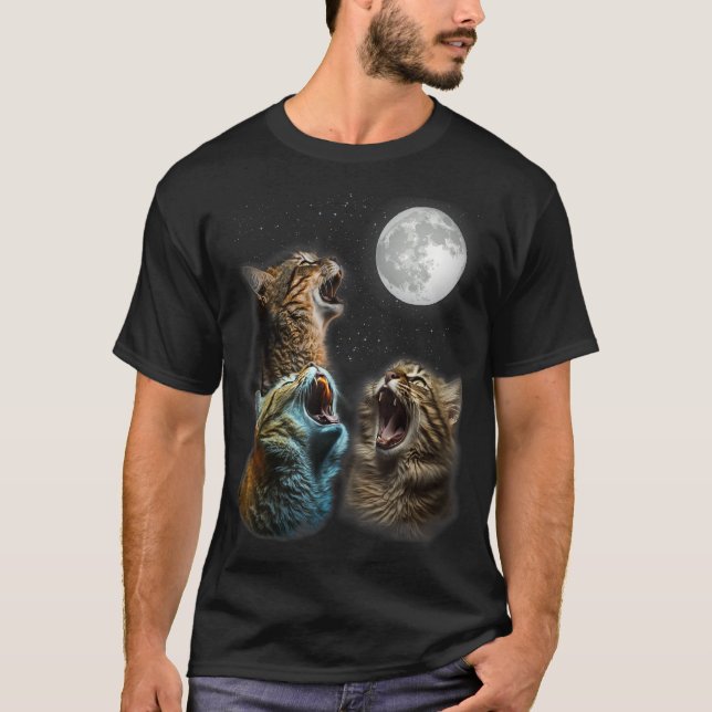 Funny Cat Moon Three Cats Meowling At Moon - Cats  T-Shirt (Front)