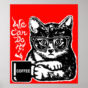 Funny cat motivated by coffee poster