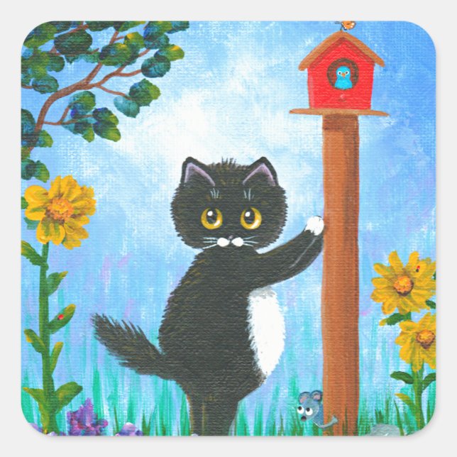 Funny Cat mouse bird Cartoon Creationarts Square Sticker (Front)