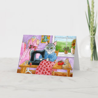 Funny Cat, Mouse, clothing designer, seamstress Card