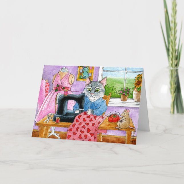 Funny Cat, Mouse, clothing designer, seamstress Card (Front)