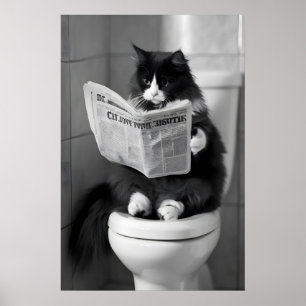 Funny Cat Newspaper Print, Whimsical Bathroom Wall Poster