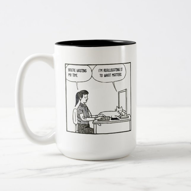 Funny Cat Office Work Humor Corporate Cartoon Two-Tone Coffee Mug (Left)