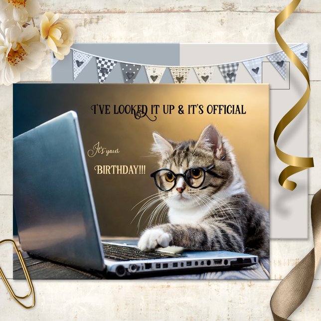 Funny Cat Official Birthday Postcard (A funny birthday postcard showing a kitty with glasses looking at a laptop. Great for a cat lover)