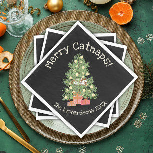 Funny Cat on Chistmas Tree Merry Catnaps! Black Napkin