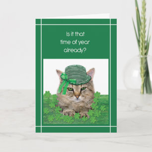 Funny Cat on St. Patrick’s Day with Green Hat Tie  Card