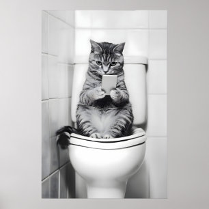 Funny Cat on Toilet Print Vintage Bathroom Humour
