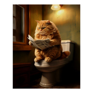 Funny Cat on Toilet   Quirky Bathroom Humour Poster