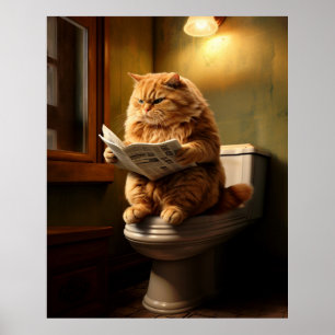 Funny Cat on Toilet   Quirky Bathroom Humour Poster
