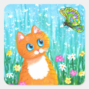 Funny Cat Orange Tabby Butterfly Summer Square Sticker
