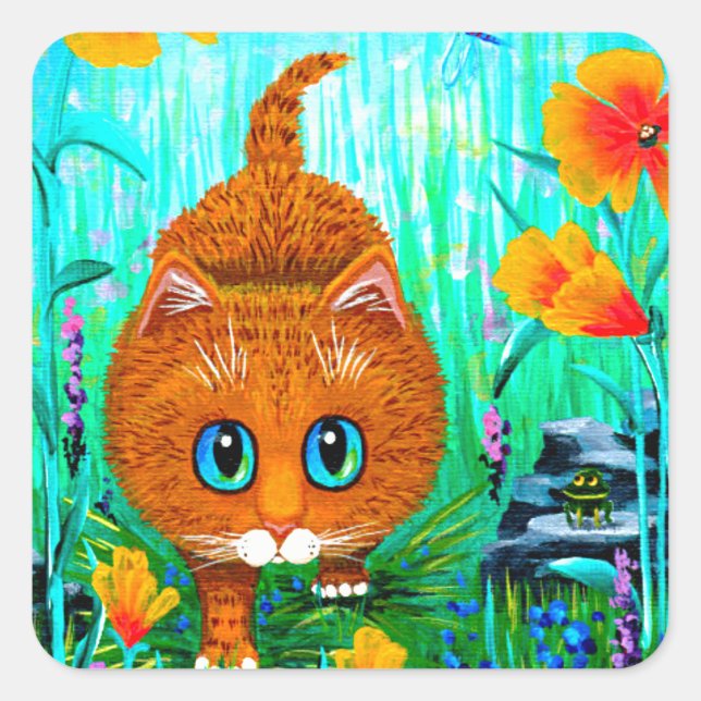 Funny Cat Orange Tabby Cartoon Creationarts Square Sticker (Front)