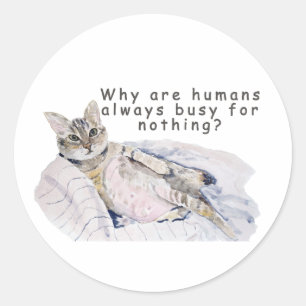 Funny Cat Painting – “Why are Humans always  Busy  Classic Round Sticker