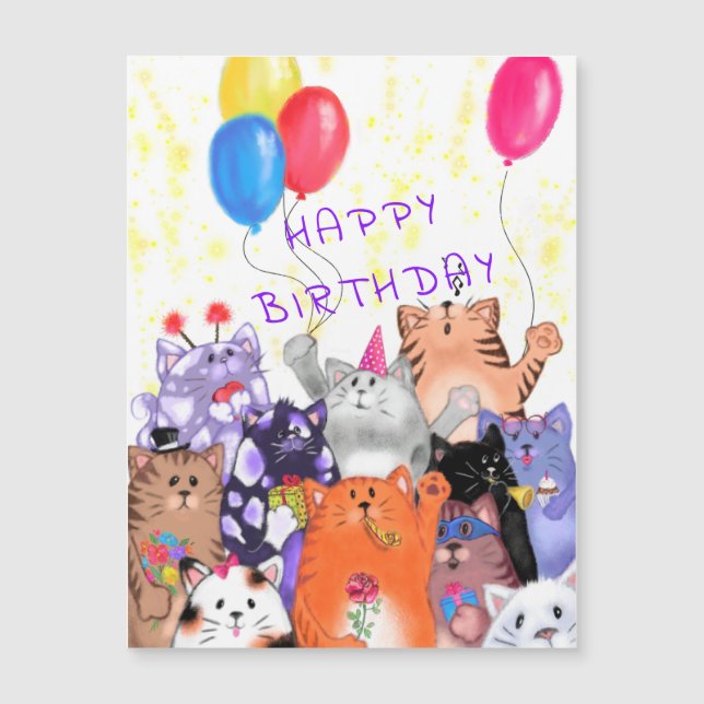 Funny Cat Party Magnetic Birthday Card (Front)