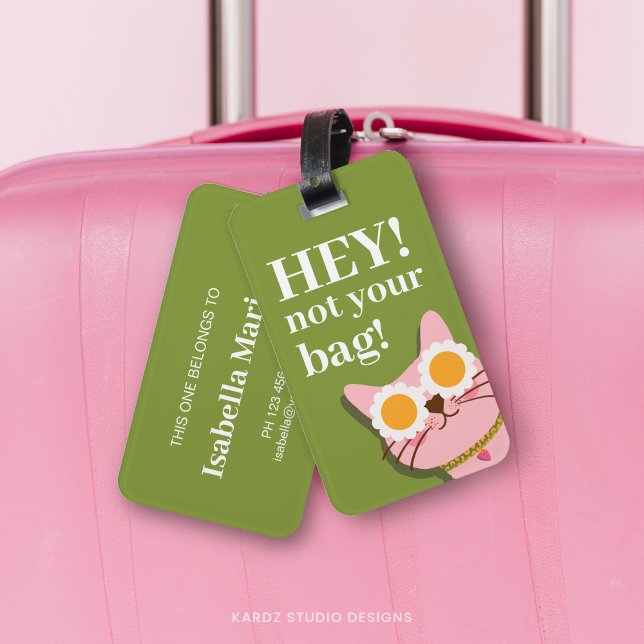 Funny Cat Personalised Luggage Tag (Personalize this green funny cat luggage tag with your favorite cat lover friend´s name as a gift.)