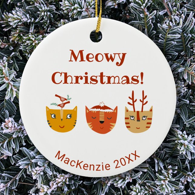 Funny Cat Personalized Christmas Ceramic Tree Decoration (Meowy Christmas personalized funny cat ceramic ornament)