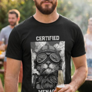 Funny Cat Pilot Smoking a Cigar Black and White T-Shirt