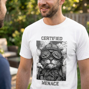 Funny Cat Pilot Smoking a Cigar Black and White T-Shirt