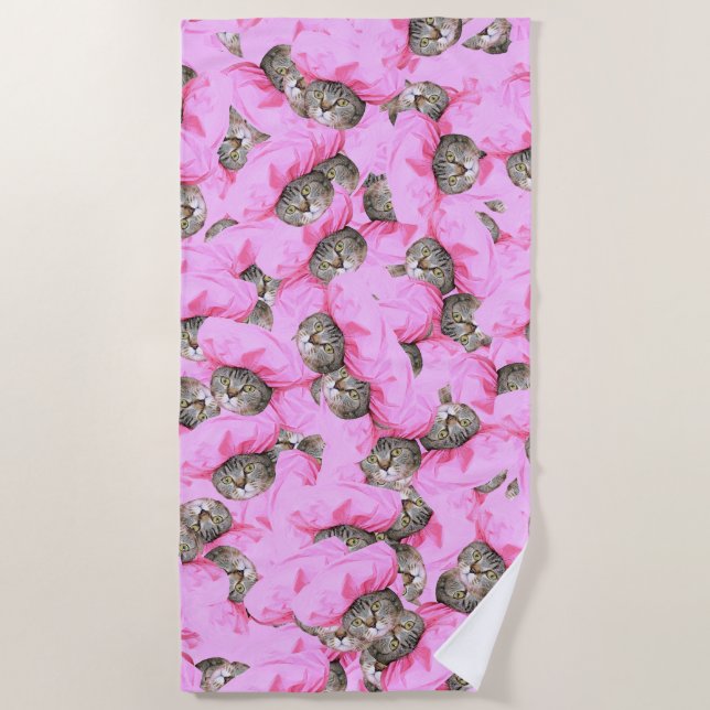 Funny Cat Pink Beach Towel (Front)
