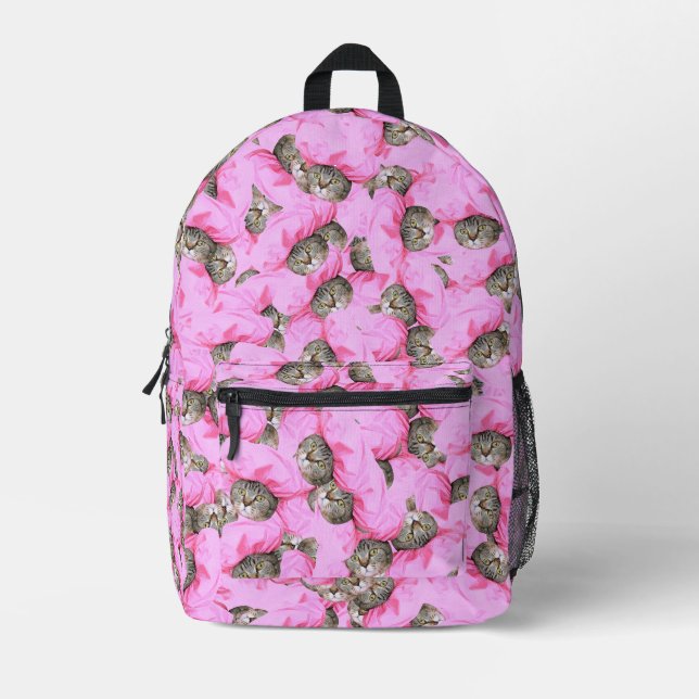 Funny Cat Pink Printed Backpack (Front)