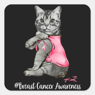 Funny Cat Pink Ribbon In October We Wear Pink Brea Square Sticker