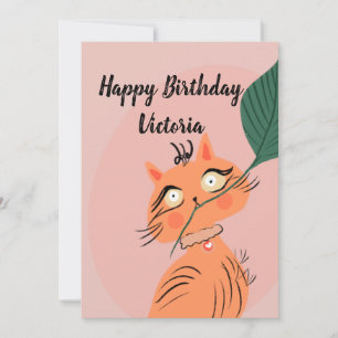  Funny Cat Plant Leaf Cartoon Birthday Invitation