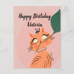  Funny Cat Plant Leaf Cartoon Birthday  Postcard