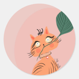  Funny Cat Plant Leaf Cartoon  Classic Round Sticker