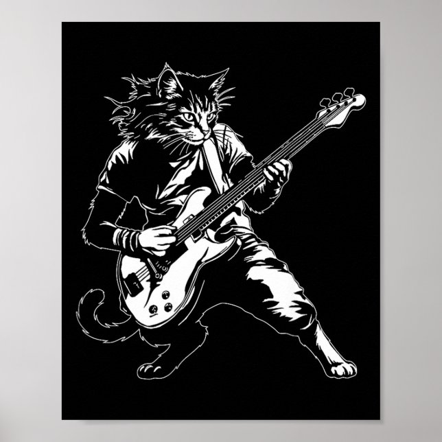 Funny Cat Playing B Guitar Rock Music Lover Musici Poster (Front)