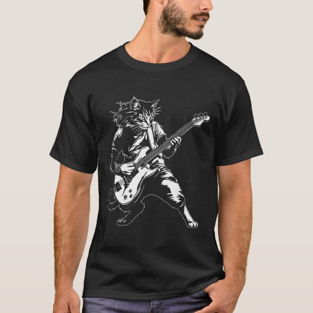 Funny Cat Playing B Guitar Rock Music Lover Musici T-Shirt (Front)