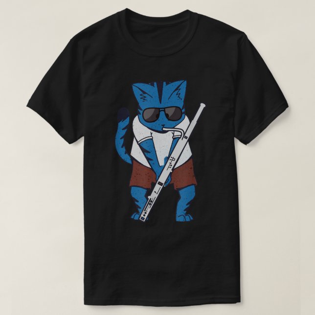 Funny Cat Playing Bassoon Wearing Sunglasses Music T-Shirt (Design Front)